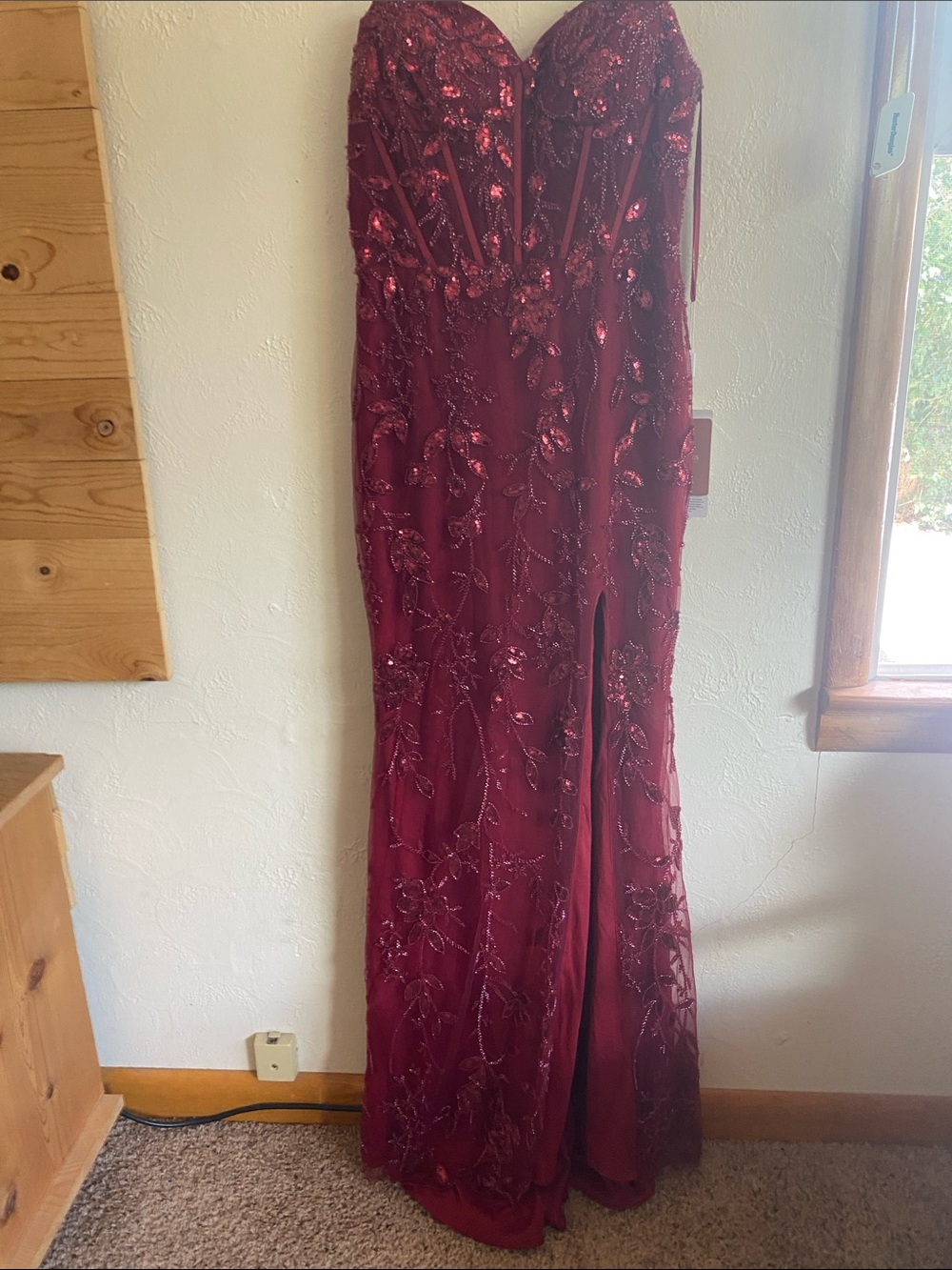 Strapless Sequin Embellished Burgundy Prom Gown